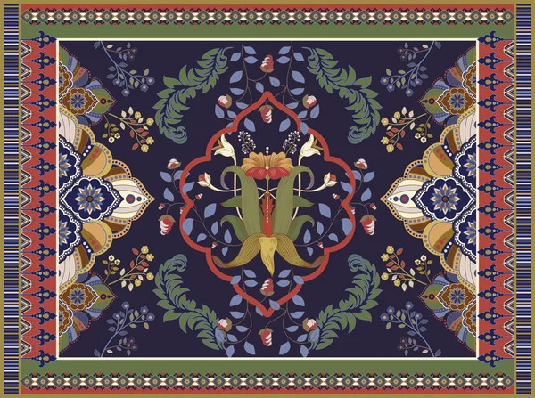 Colorido diseño vectorial ornamental para alfombra, alfombra, tapis. Alfombra persa, textil. Fondo floral geométrico Damasco. Adorno árabe con elementos decorativos. Turquía alfombra ornamental — Vector de stock