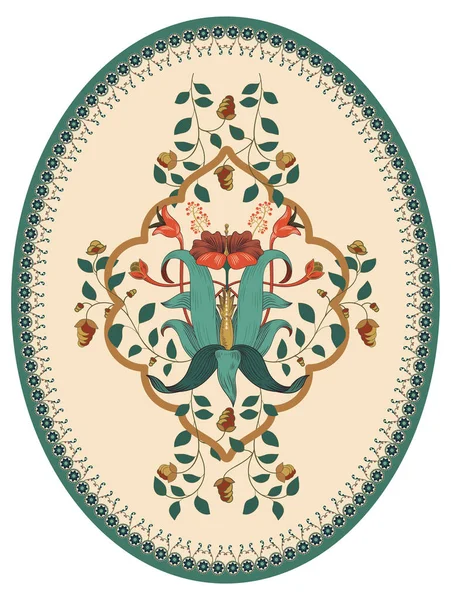 Colorato ovale design vettoriale persiano per tappeto, moquette. Rosa geometrico, sfondo floreale beige. Ornamento arabo con elementi decorativi. Tappeto ellittico turco con ornamento nazionale popolare — Vettoriale Stock