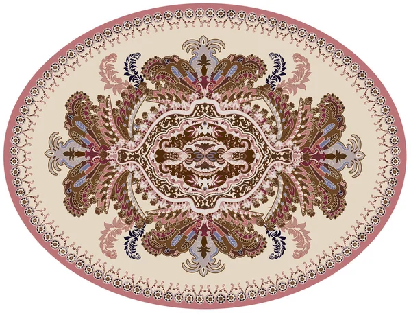 Diseño vectorial ovalado colorido persa para alfombra, alfombra. Fondo floral geométrico rosa, beige. Adorno árabe con elementos decorativos. Alfombra elíptica turca con adorno nacional popular — Vector de stock