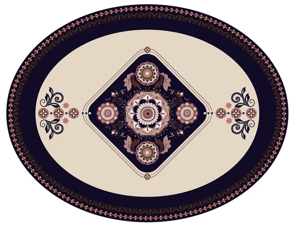 五颜六色的椭圆形波斯矢量设计地毯，地毯，盘子，盘子。几何蓝色，米色花卉背景。阿拉伯装饰与装饰元素。椭圆形土耳其地毯与民间民族 — 图库矢量图片