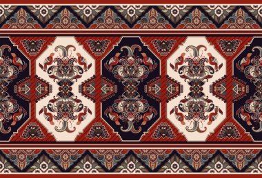 Halı, halı, tapis için renkli süs vektör tasarımı. Dikişsiz süs halısı. Geometrik çiçek fon. Dekoratif elemanları ile Arap süs. Vektör süs şablonu