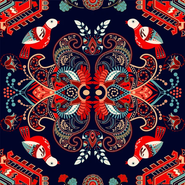 Modèle vectoriel sans couture coloré avec des formes décoratives indiennes et des oiseaux. Fond floral ornemental rouge et bleu vif. Conception pour le textile, tissu, papier peint, fond, téléphone couverture, papier d'emballage — Image vectorielle