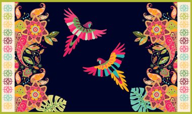 Halı, havlu, halı, tekstil, kumaş, kapak için renkli Macar vektör tasarımı. Parlak çiçek stilize dekoratif motifleri. Süs merkezi ile dikdörtgen etnik çiçek tasarımı. Kuşlar ve renkli