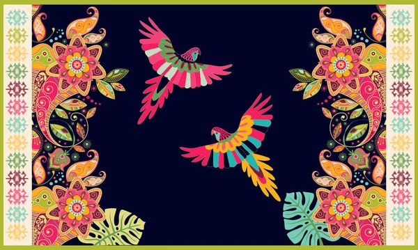 Kleurrijke Hongaarse vector ontwerp voor tapijt, handdoek, tapijt, textiel, stof, te dekken. Heldere florale gestileerde decoratieve motieven. Rechthoekige etnische floral design met sier centrum. Vogels en kleurrijke — Stockvector