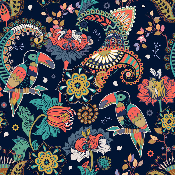 Fantasy seamless pattern. Decorative floral design for fabric, textile, wrapping paper, card, cover, wallpaper. Colorful stylized flowers and birds. Bright vector decorative background with plants.