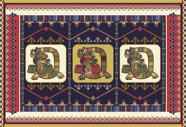 Kolorowe ozdobne wektor projekt dywan, dywan, Tapis. Meksykański, Aztec symetryczny ornament. Geometryczne tło z mitycznymi stworzeniami. Prostokątny szablon wektora etnicznego — Wektor stockowy