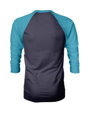 Vitrin bir grafik tasarım pro gibi, bu Back View Üç Çeyrek Kollu Beyzbol Tshirt Mock Up Mavi Eclipse Renk şablonları için güzellik tasarımı ekleyerek.