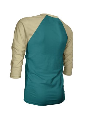 Markanızın logosunu bu Köşeli Üç Kollu Beyzbol tişörtünün üzerinde gösterin. Gölgeli Spruce Rengi ile Mock Up. Web siteleriniz ve basılı pazarlama materyalleriniz için