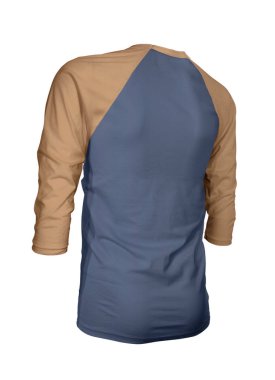 Markanızın logosunu üç çeyreklik açılı kollu beysbol tişörtü üzerinde gösterin. Donanma şakayığı renginde. Web siteleriniz ve basılı pazarlama materyalleriniz için