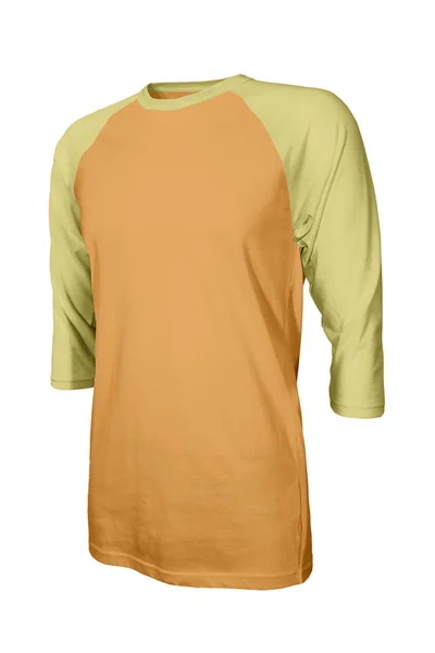 展示你自己的设计标志在这个角度前面四分之三的袖子棒球T恤造型在黄油苏格兰色 用这个照片逼真的模特儿来宣传你的衣服 — 图库照片