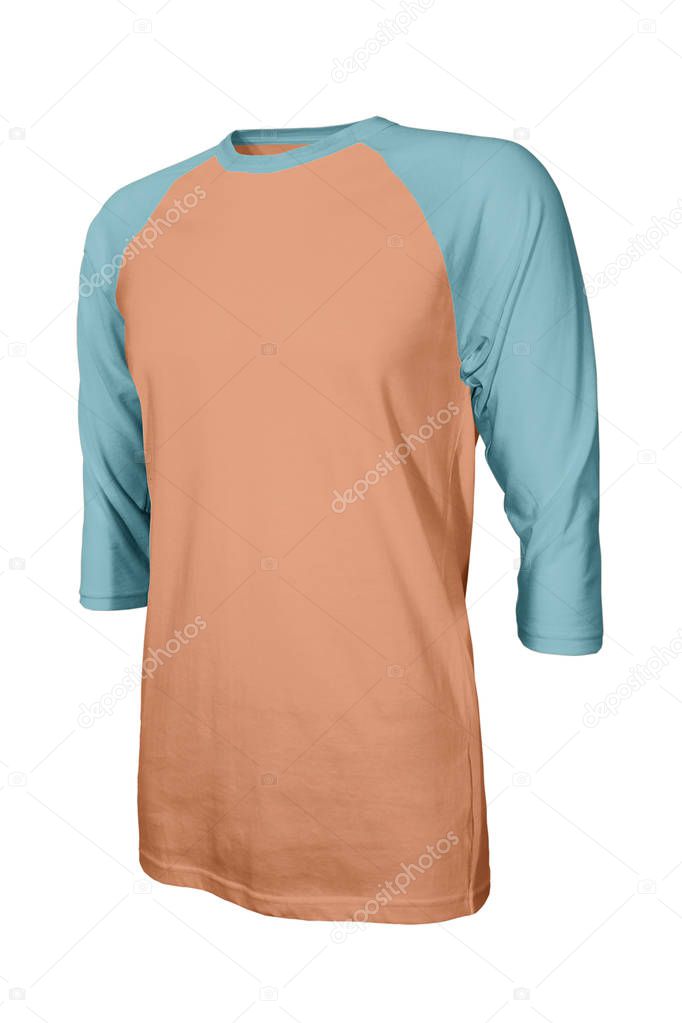 Showcase your own designs logo on this Angled Front Three Quarter Sleeves Baseball Tshirt Mock Up In Copper Tan Color. Promote your clothing across with this photorealistic Mock up