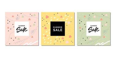 İndirimli 3 yaratıcı kart koleksiyonunu sunuyor. Arka. Modaya uygun grafik tasarım satışı büyük başlığı, poster, kart, kapak, davet, afiş, broşür için. Vektör.
