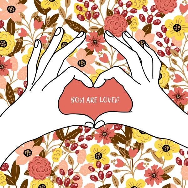 El çekilmiş resimli kartpostal alıntı vardır ekledi. Çiçek arka plan eller. Tatlı aşk poster.