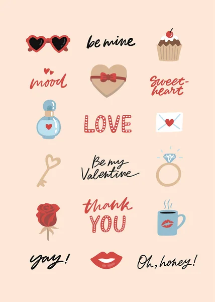 발렌타인의 스티커 팩입니다 귀여운 손으로 단어를 집합입니다 인사말 포스터 스크랩북 — 스톡 벡터
