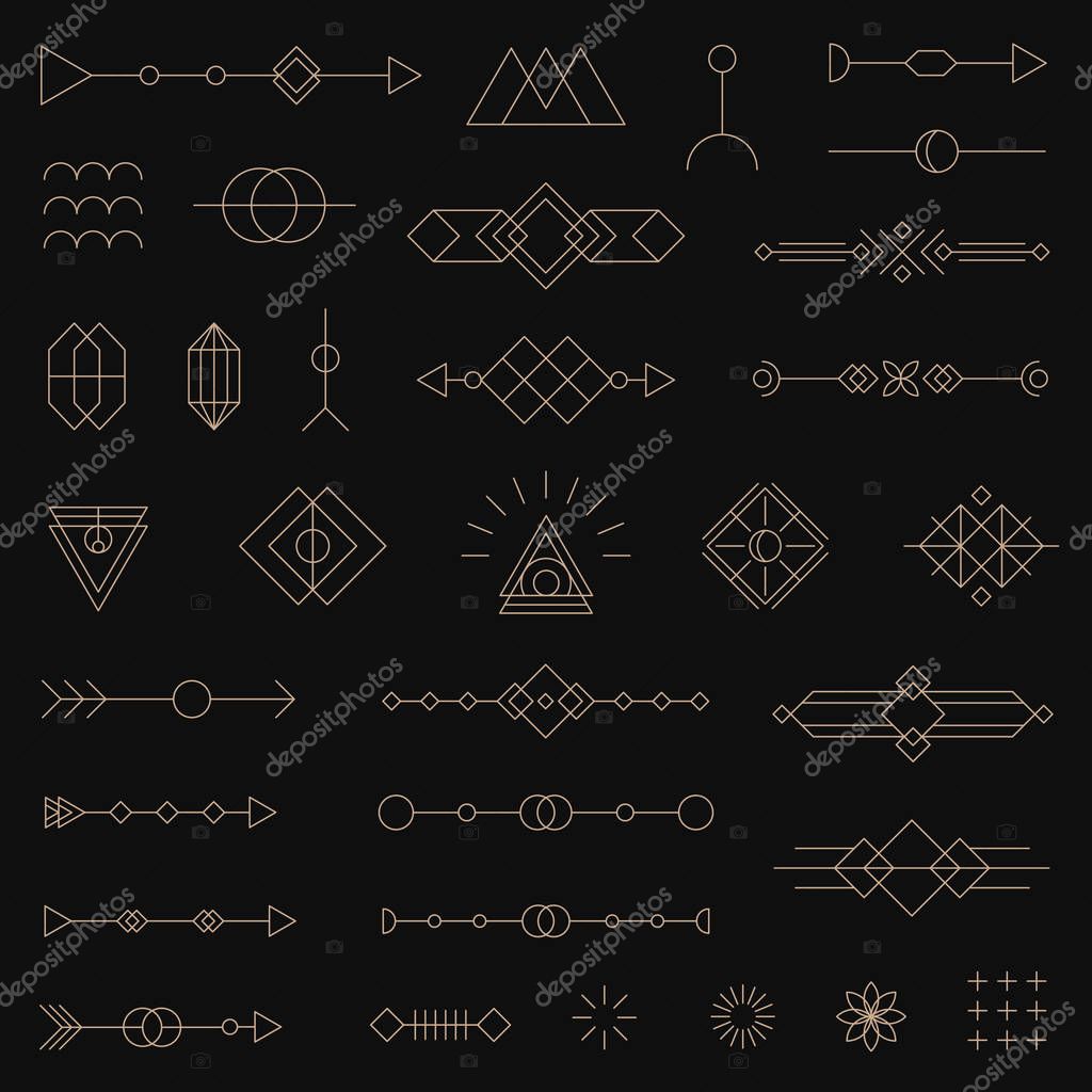 Modern vector line symbol set made in Tribal style. Collection of 33 geometric line art design elements. Isolated on black background.