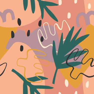 Soyut bitki ve şekillerle çocuksu, kusursuz desen. Kumaş, ambalaj kağıdı, tekstil, duvar kağıdı, ev kıyafeti için yaratıcı grafik baskı. Vektör arkaplanı