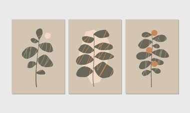 Ev dekorasyonu, davetiye ve tebrik kartı tasarımları için 3 adet modern estetik poster. El çizimi bitkilerle, geometrik şekillerle soyut minimalist çizimler.