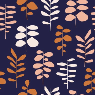 Lacivert arka planda renkli bitkilerle soyut, pürüzsüz desen. Vektör illüstrasyonu