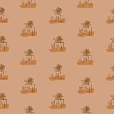 Palmiye ağaçları ve evlerle kusursuz desenler. Afrika manzarası. Vektör illüstrasyonu