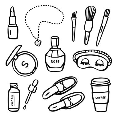 Kadınların sabah güzelliği rutin özellikleri. El çizimi siyah mürekkep vektörü ayarlandı. Doodle tarzı.