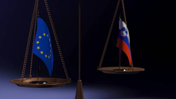 Bandeiras União Europeia Eslovénia Nas Taças Das Balanças Balanço Sobre — Fotografia de Stock