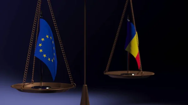 Bandeiras União Europeia Roménia Nas Taças Das Balanças Fundo Azul — Fotografia de Stock