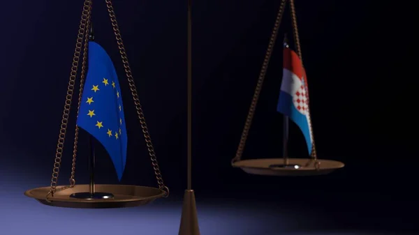 Bandeiras União Europeia Croácia Nas Taças Das Balanças Fundo Azul — Fotografia de Stock
