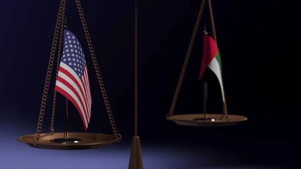 Flags USA and UAE on the bowls of the balance scales on a blue background. 3d rendering