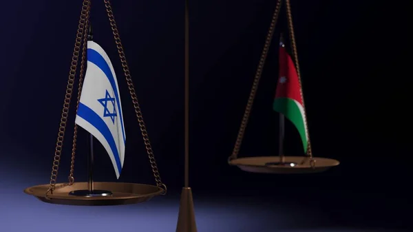 Flags of Israel and Jordan on the bowls of the balance scales on a blue background. 3d rendering