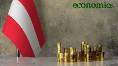 Avusturya bayrağının arka planına karşı mermer bir masanın üzerindeki altın para yığınları. 3B görüntüleme