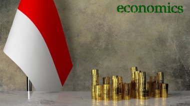 Endonezya bayrağının arka planına karşı mermer bir masanın üzerindeki altın para yığınları. 3B görüntüleme