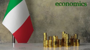 Piles of gold coins on a marble table against the background of the flag of Italy. 3D rendering clipart