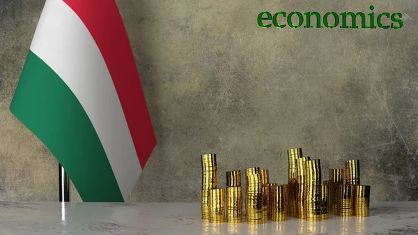 Macaristan bayrağının arka planına karşı mermer bir masanın üzerindeki altın para yığınları. 3B görüntüleme