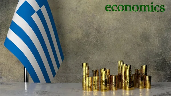 Pilhas Moedas Ouro Uma Mesa Mármore Contra Fundo Bandeira Grécia — Fotografia de Stock