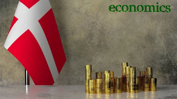 デンマークの国旗を背景に大理石のテーブルの上に金のコインの山 3Dレンダリング — ストック写真