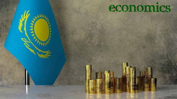 Kazakistan bayrağının arka planına karşılık mermer bir masanın üzerindeki altın para yığınları. 3B görüntüleme