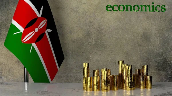 Kenya bayrağının arka planına karşı mermer bir masanın üzerindeki altın para yığınları. 3B görüntüleme