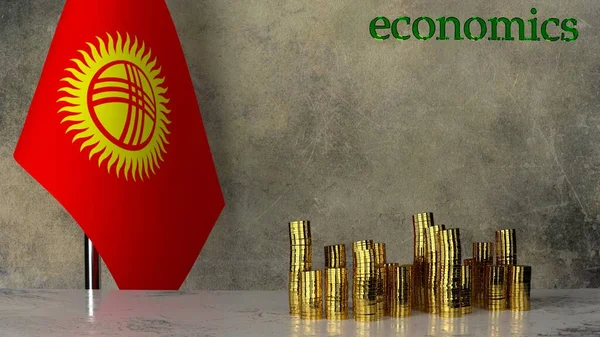 Kırgızistan bayrağının arka planına karşılık mermer bir masanın üzerindeki altın para yığınları. 3B görüntüleme