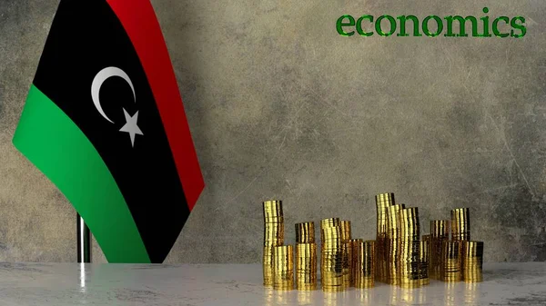 Libya bayrağının arka planına karşılık mermer bir masada yığınla altın para. 3B görüntüleme