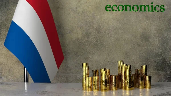 Hollanda bayrağının arka planına karşı mermer bir masanın üzerindeki altın para yığınları. 3B görüntüleme