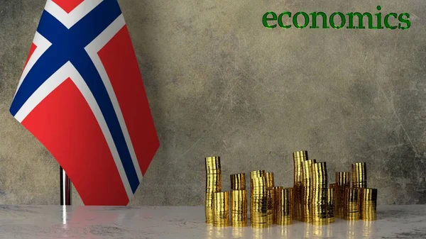 Norveç bayrağının arka planına karşı mermer bir masanın üzerindeki altın para yığınları. 3B görüntüleme