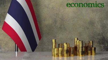 Tayland bayrağının arka planına karşı mermer bir masanın üzerindeki altın para yığınları. 3B görüntüleme