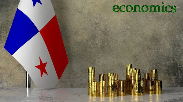 Panama bayrağının arka planına karşılık mermer bir masanın üzerindeki altın para yığınları. 3B görüntüleme
