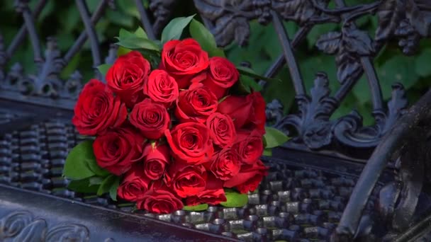 Beau Banc Avec Bouquet Roses Couché Dessus Lumière Soleil Matin — Video