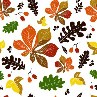 Dikişsiz desen, silüetler, renkli yaprakları ve beyaz zemin üzerine parlak noktalar şeklinde meyveleri.