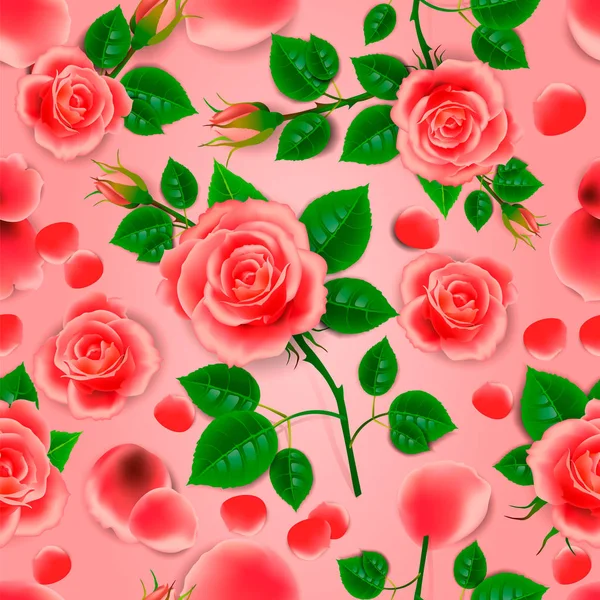 Hermosas rosas realistas sobre un fondo rosa, patrón sin costura.Ilustración . — Vector de stock