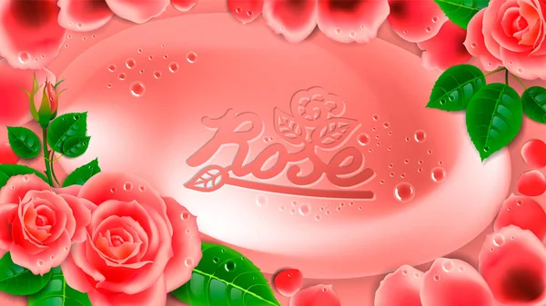 Jabón rosa en un marco de flores y pétalos de rosa . — Vector de stock
