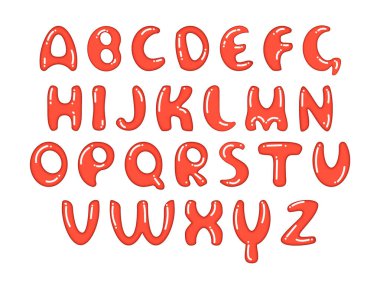 Beyaz bir arka plan üzerinde İngiliz alfabesi harfleri kümesi. Renk canlı mercan.