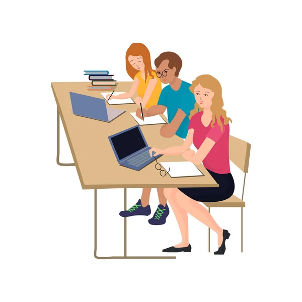 Un groupe d'étudiants, de filles et d'un gars sont assis et écrivent une conférence à la table . — Image vectorielle