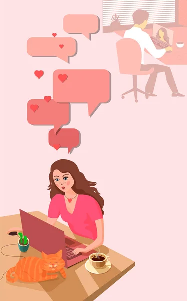 Beautiful girl at the home table communicates with her boyfriend online. — Stock Vector